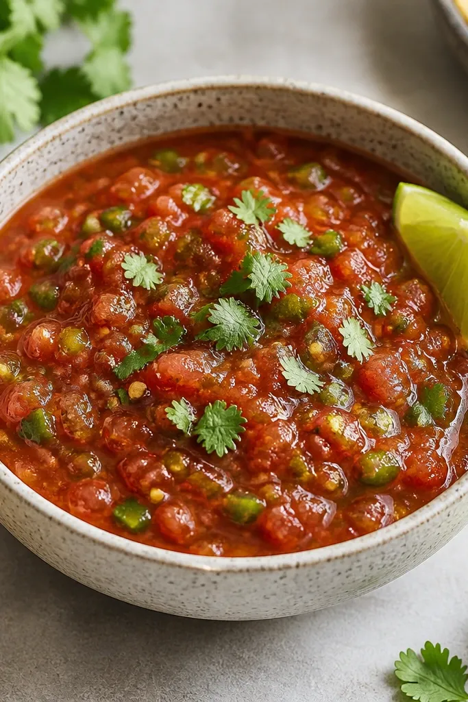 Salsa with tiny green jalapeno pieces, some with seed bits visible, topped with cilantro and lime wedge.