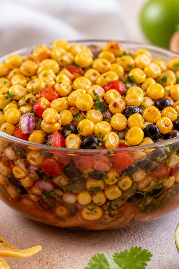 A top layer where corn kernels are more concentrated, with black beans mixed underneath, creating a golden cap on the salsa.