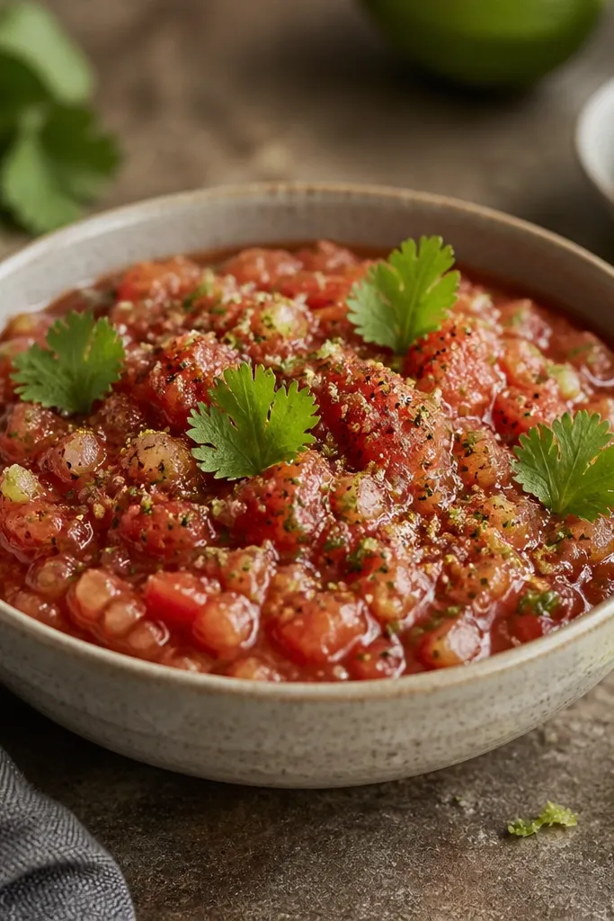 A bowl of salsa with a light dusting of cumin on top, lime zest sprinkled, and cilantro leaves placed like small green flags.
