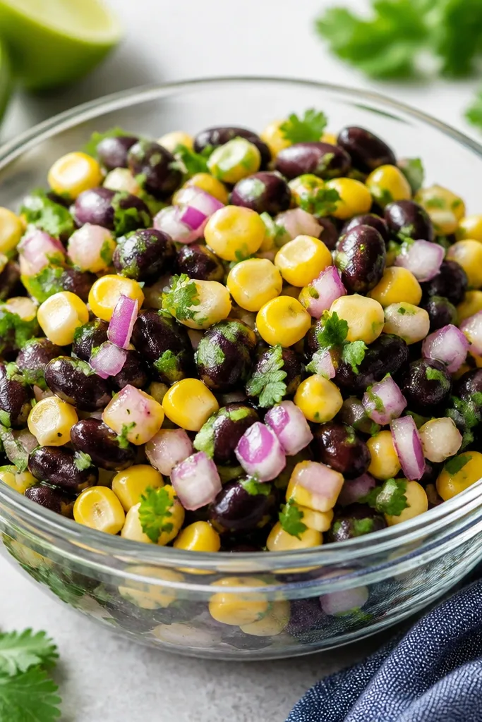 Black bean corn salsa without red tomato pieces, showing clean yellow corn, black beans, red onion, and green cilantro in a clear bowl.