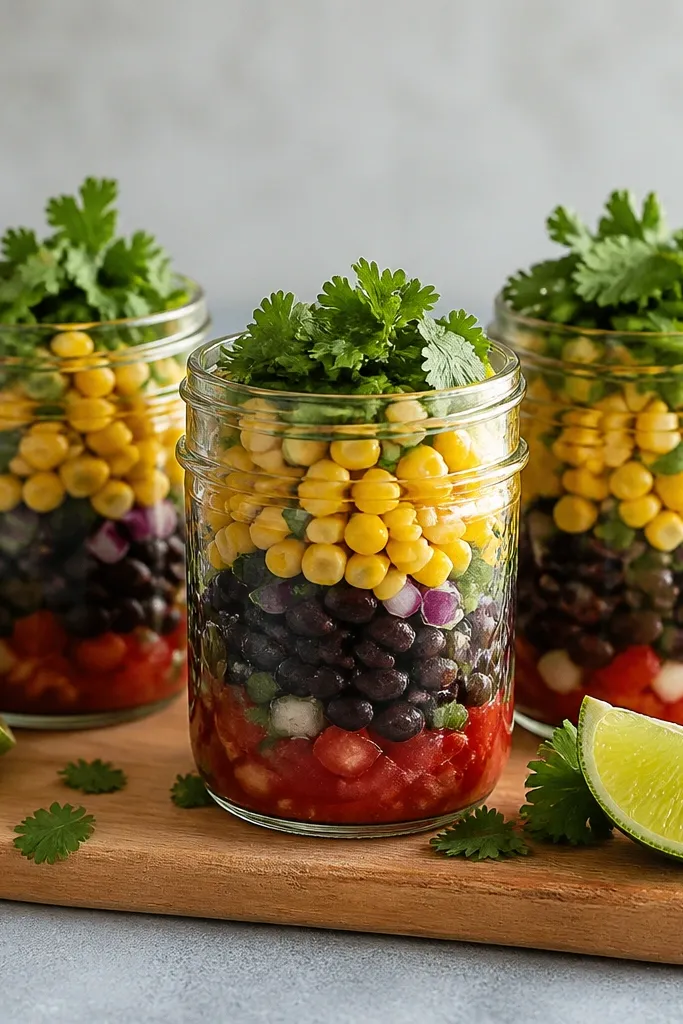 Three mason jars with layered black bean corn salsa: corn on top, beans in the middle, cilantro on top, with lime wedge wrapped beside.