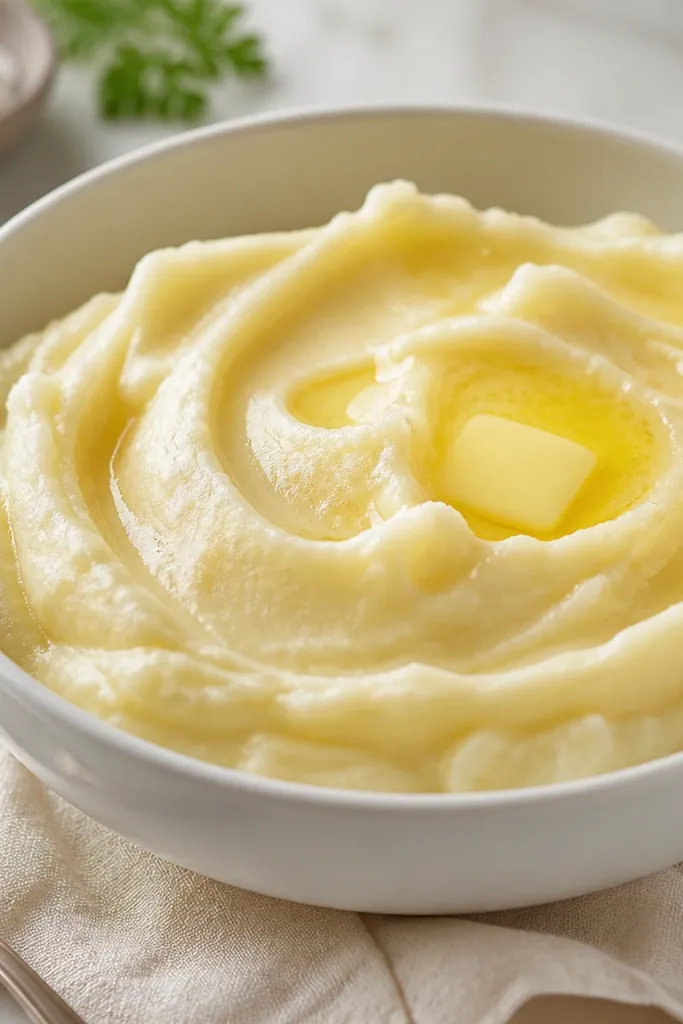 A white bowl filled with pale-gold mashed potatoes with a glossy sheen. The surface shows soft swirls from a spoon, and a pat of melted butter sits slightly off-center, catching the light.