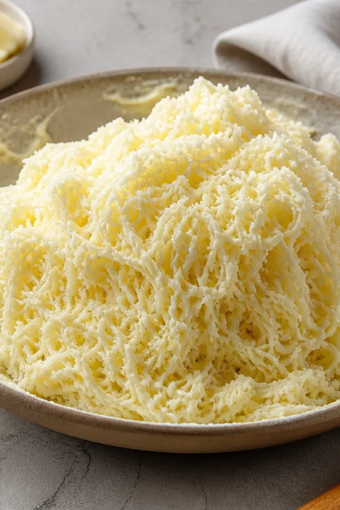 A mound of mashed potatoes pressed through a fine ricer leaving delicate, fluffy strands. The bowl is surrounded by small butter smears, and the potatoes look almost mousse-like.
