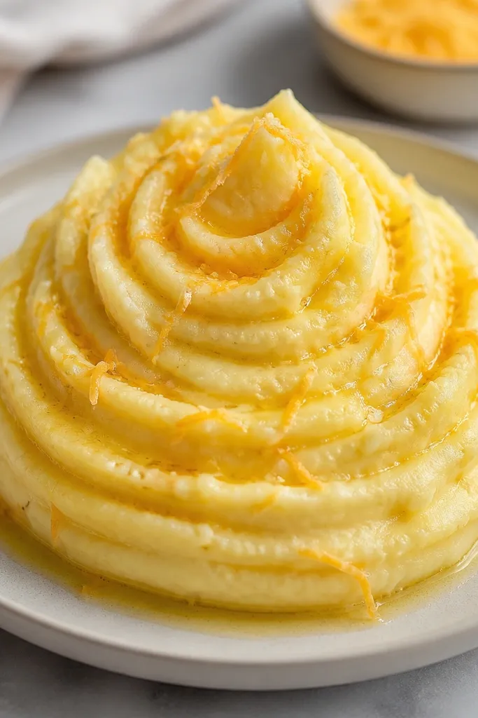 Mashed potatoes piped into a swirl on a plate, topped with a thin drizzle of melted butter and scattered fine cheddar shavings. The color is pale gold with visible cheese threads.