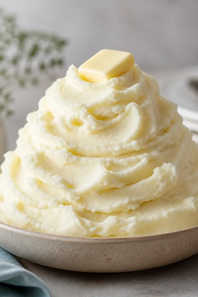 A tall mound of mashed potatoes with visible airy peaks, like soft frosting. The surface is bright and smooth, and a single butter pat sits on top.