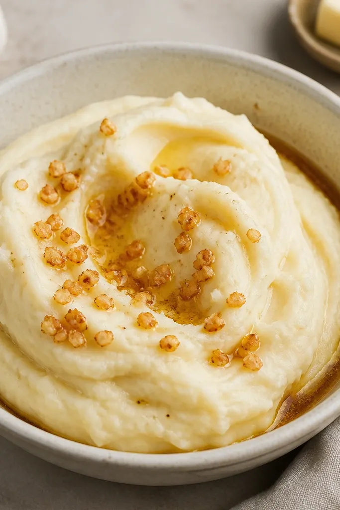 Creamy mashed potatoes with a warm golden tint, topped with tiny garlic bits and a thin pool of brown butter on the side of the bowl. The surface looks velvety and thick.