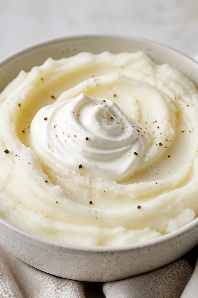 Mashed potatoes with a slightly brighter white tone, topped with a spoonful of sour cream swirl and black pepper. The surface is smooth with faint spoon marks.
