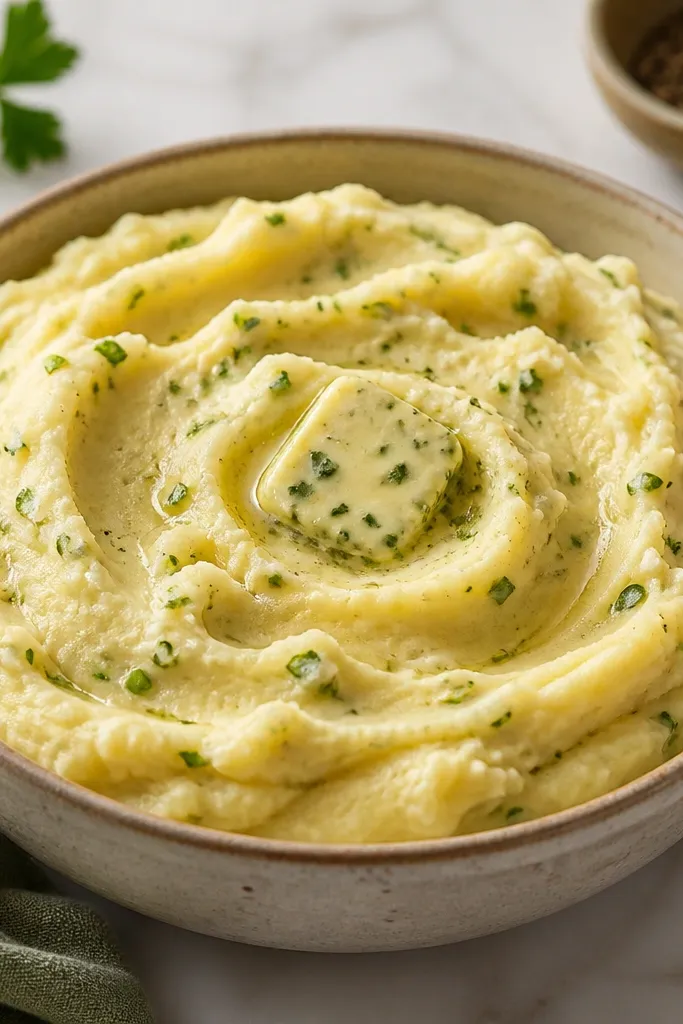 A bowl of creamy mashed potatoes with tiny chopped green flecks throughout. A small pat of herb butter rests on top, and the color is pale gold with green dots.