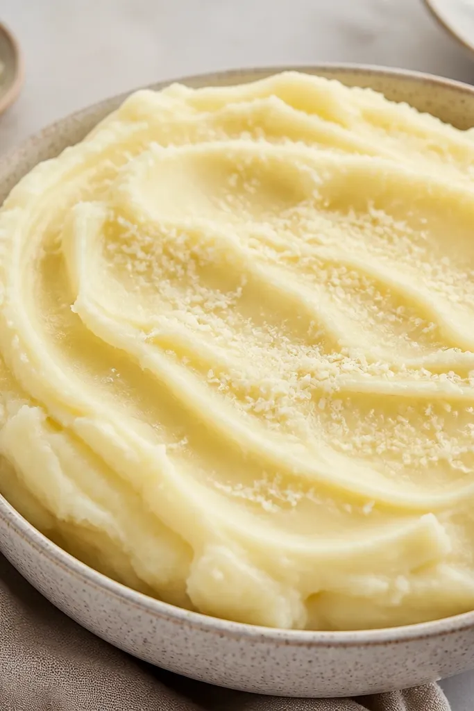 A bright, creamy mash with a slightly ivory color. Parmesan dust is lightly sprinkled on top, and the surface has smooth, glossy ridges from a spatula.