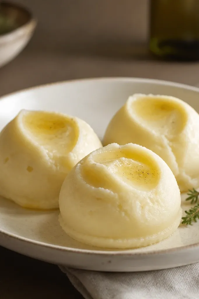 Mashed potatoes formed into neat scoops on a plate, not spread out. Each scoop has sharp edges and a glossy surface, with a drizzle of melted butter in the center.