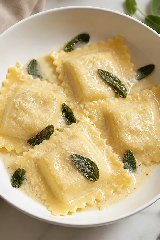 A white bowl filled with four cheese ravioli; each square is visible with slightly golden edges, a light sheen of butter on top, and a few sage leaves scattered around. The sauce looks creamy and coats the pasta without pooling at the bottom.