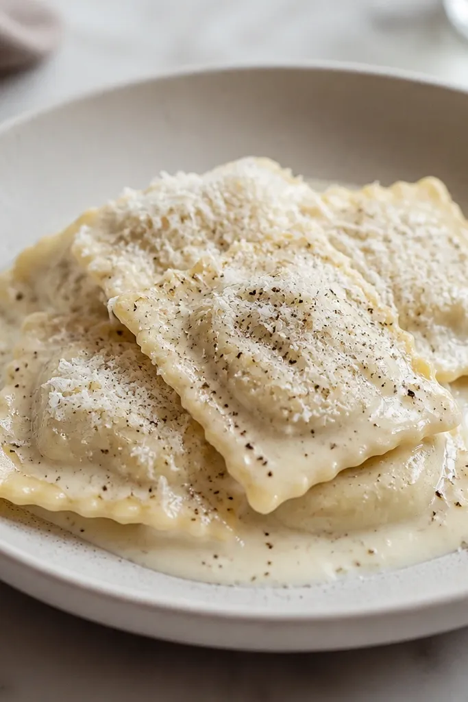 Four cheese ravioli stacked in a shallow plate, covered in a pale cream sauce. Fine black pepper specks dot the surface, and a light dusting of parmesan sits on top in uneven snowy patches.