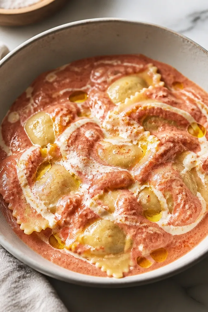 A bowl of ravioli with a pale red tomato sauce that has a creamy white swirl through it. The ravioli are visible between sauce ribbons, and there are tiny pools of olive oil catching the light.