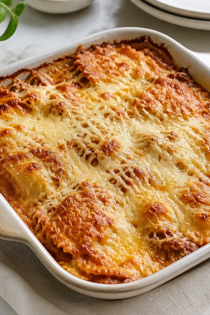 A baking dish with layered ravioli under a light blanket of shredded cheese. The top is browned in spots, with small melted bubbles and crisp edges around the perimeter.