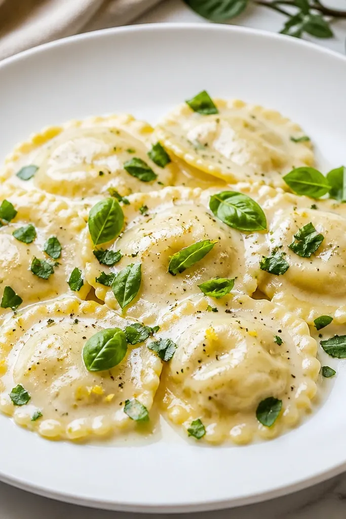 Ravioli in a light, almost creamy white sauce with visible lemon zest flecks. Fresh chopped parsley and tiny basil leaves sit on top, and the plate looks clean with minimal pooling.