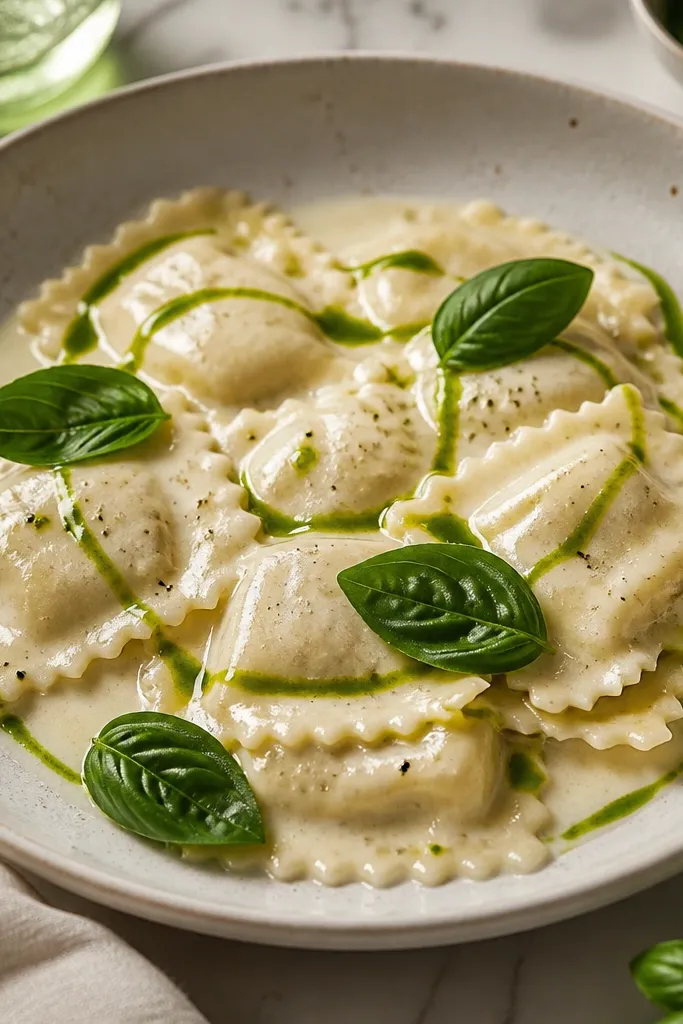 Ravioli coated in a simple cream sauce, with a thin green basil oil drizzle forming curved lines across the top. Basil leaves look glossy and dark green, not wilted.