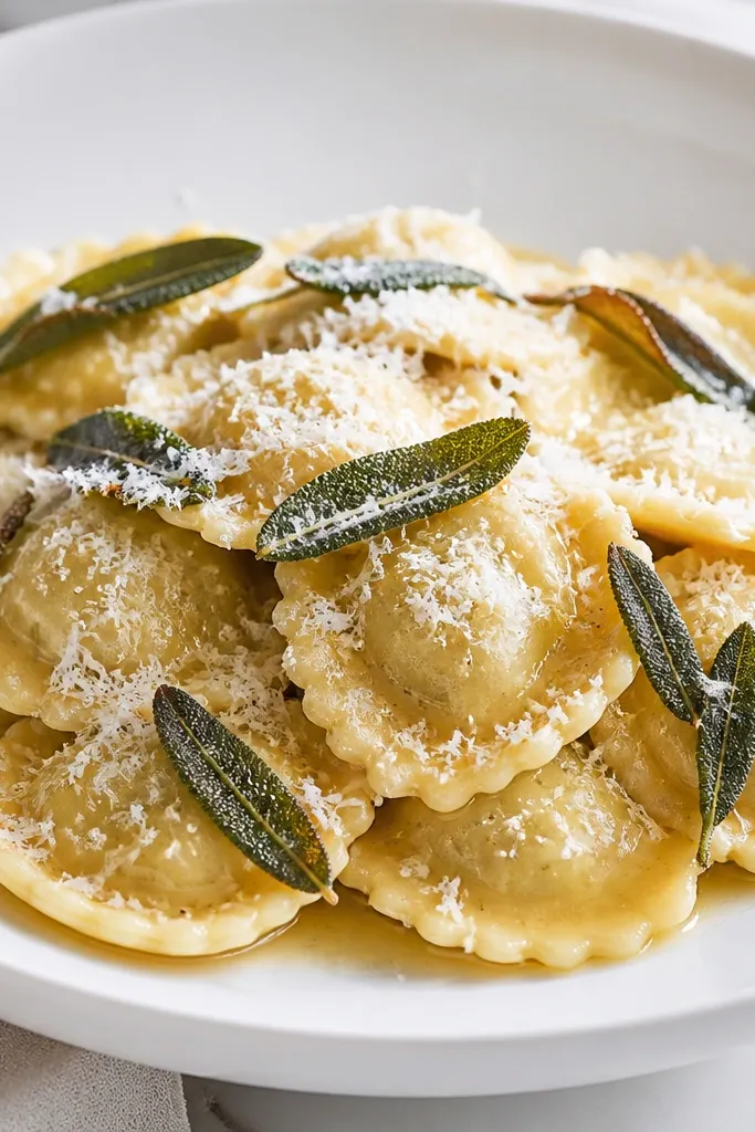 A bright white plate with ravioli arranged in a mound. Sage leaves are browned at the edges, and parmesan looks like fine snow dusted across the top.