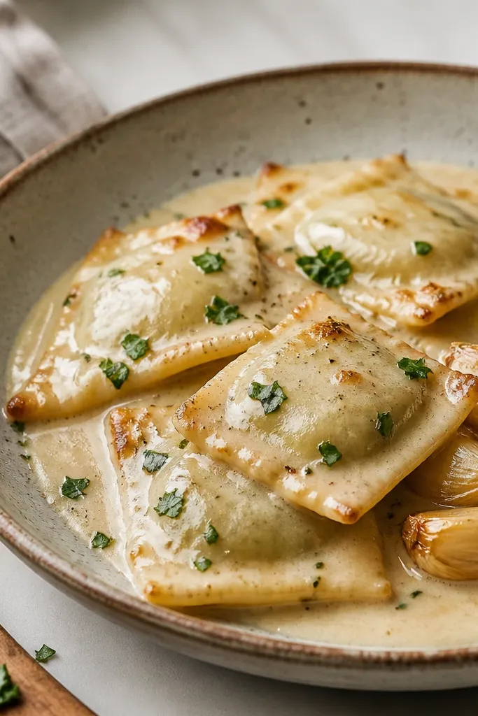Ravioli in a pale garlic-cream sauce, with visible roasted garlic cloves on the side. A few ravioli corners look slightly caramelized from pan finishing.