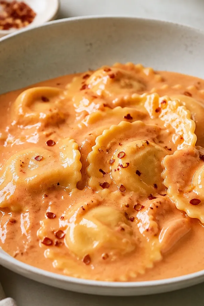 Ravioli with a pinkish tomato cream sauce, shiny and thick. The sauce has small glossy swirls, and there are tiny flecks of red pepper on top.
