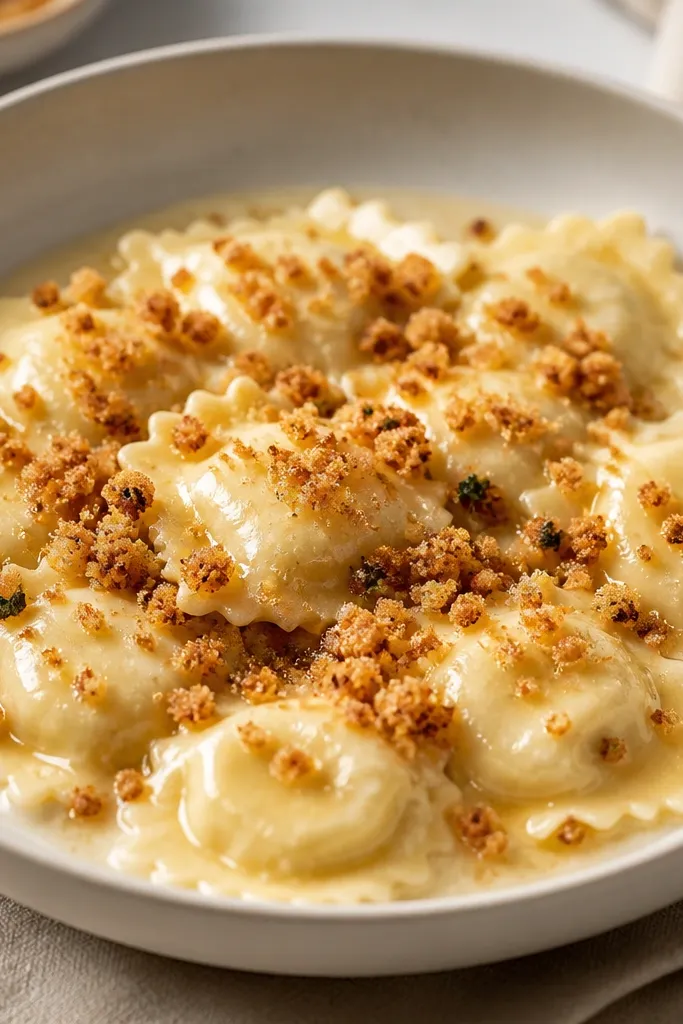 Ravioli topped with a scattering of toasted breadcrumbs and a glossy brown butter sheen. The crumbs look golden and dry, sitting on top of a pale sauce.