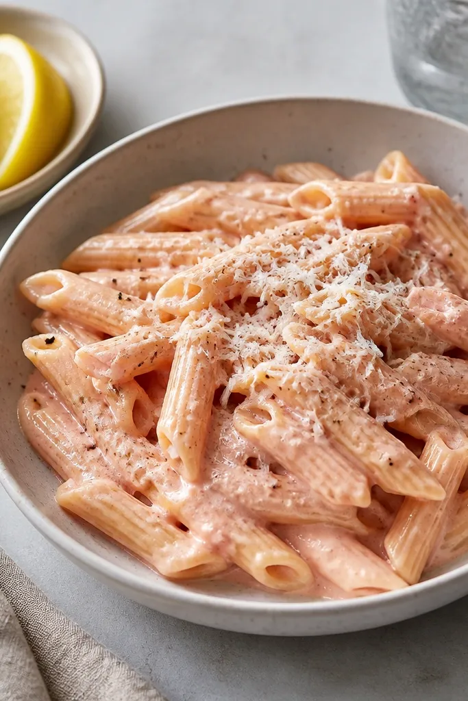 A bowl of creamy pale-pink penne with a glossy sauce, lots of black pepper specks, and a sprinkle of finely grated Parmesan on top. On the side, a small dish holds lemon wedges and a pat of butter.