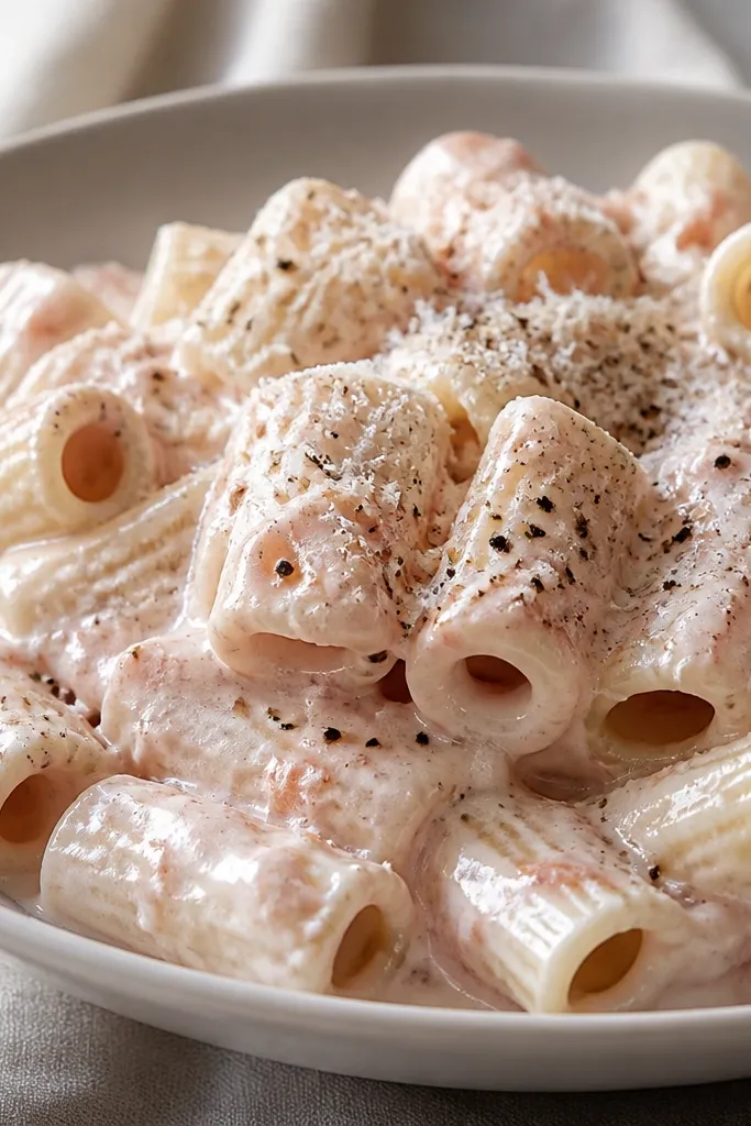Rigatoni in a thick white sauce with faint pink streaks, piled high in a wide bowl. The sauce has a glossy sheen, and the top shows a dusting of grated pecorino plus crushed black pepper.