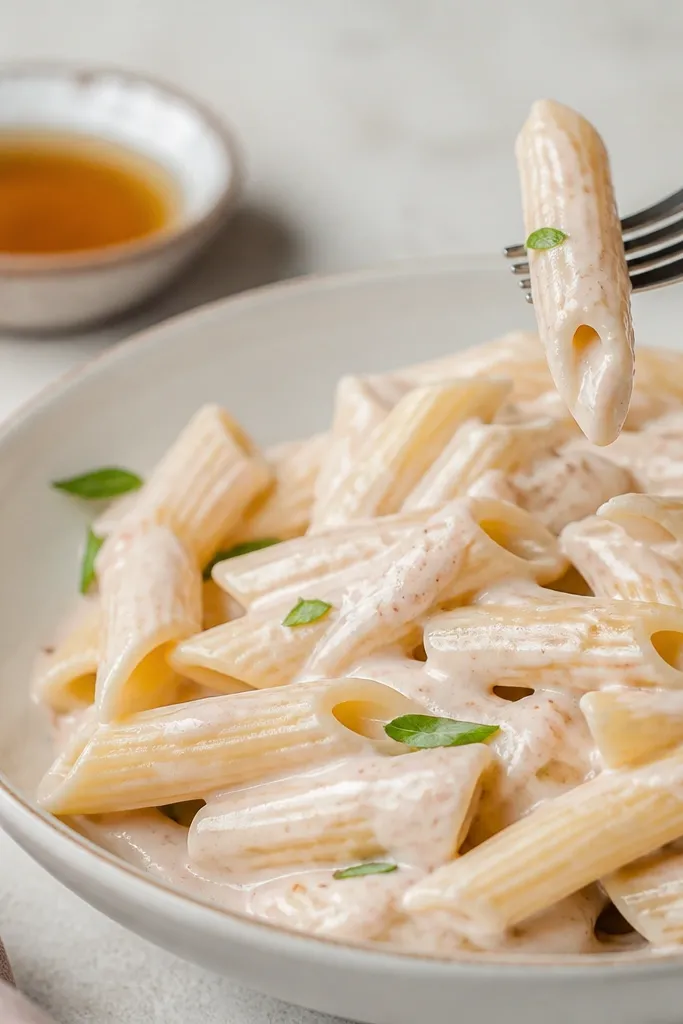 A plate of penne with a silky off-white sauce, light pink tint near the edges, and a glossy finish. A fork lifts a piece of pasta and shows sauce clinging to the ridges. A small bowl of vinegar sits nearby.