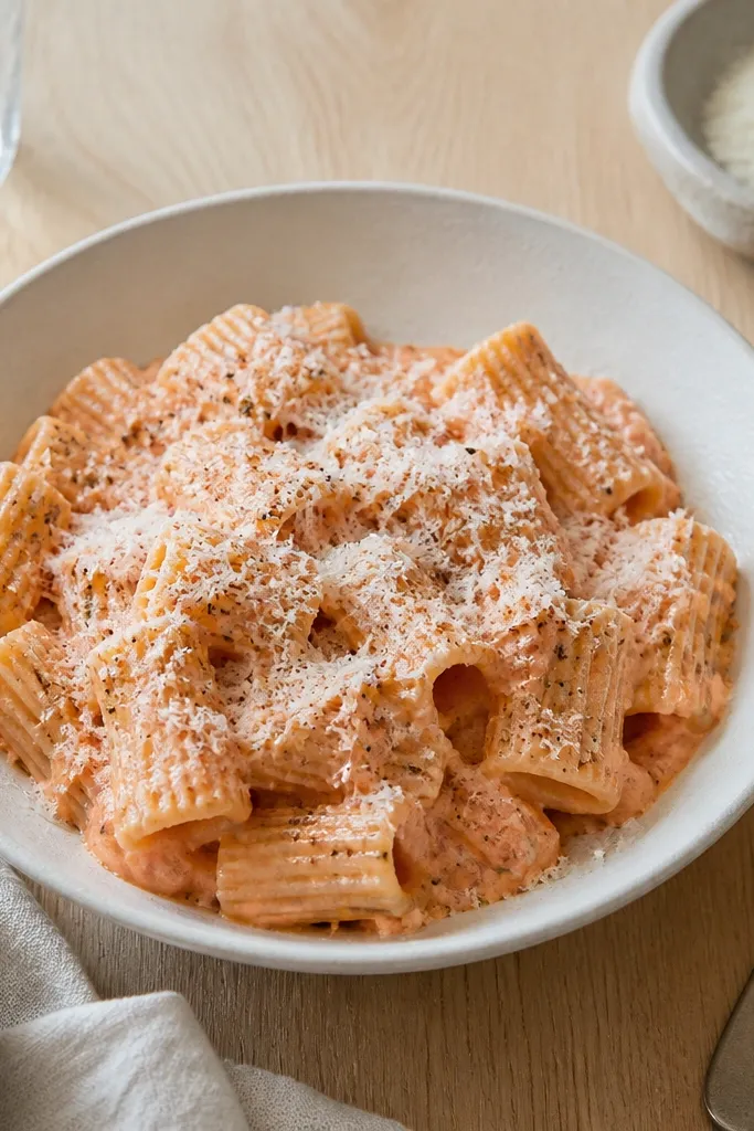 Rigatoni in a creamy blush sauce that looks pale salmon, with visible pepper flecks and a generous snowy layer of Parmesan. The bowl sits on a light wood table with a spoon resting beside it.