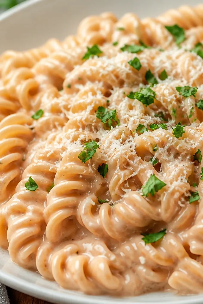 Fusilli spirals coated in a thick creamy sauce that's pale beige with a faint pink blush. The spirals look glossy and hold sauce in the grooves. A topping of chopped parsley and grated Parmesan sits on top.
