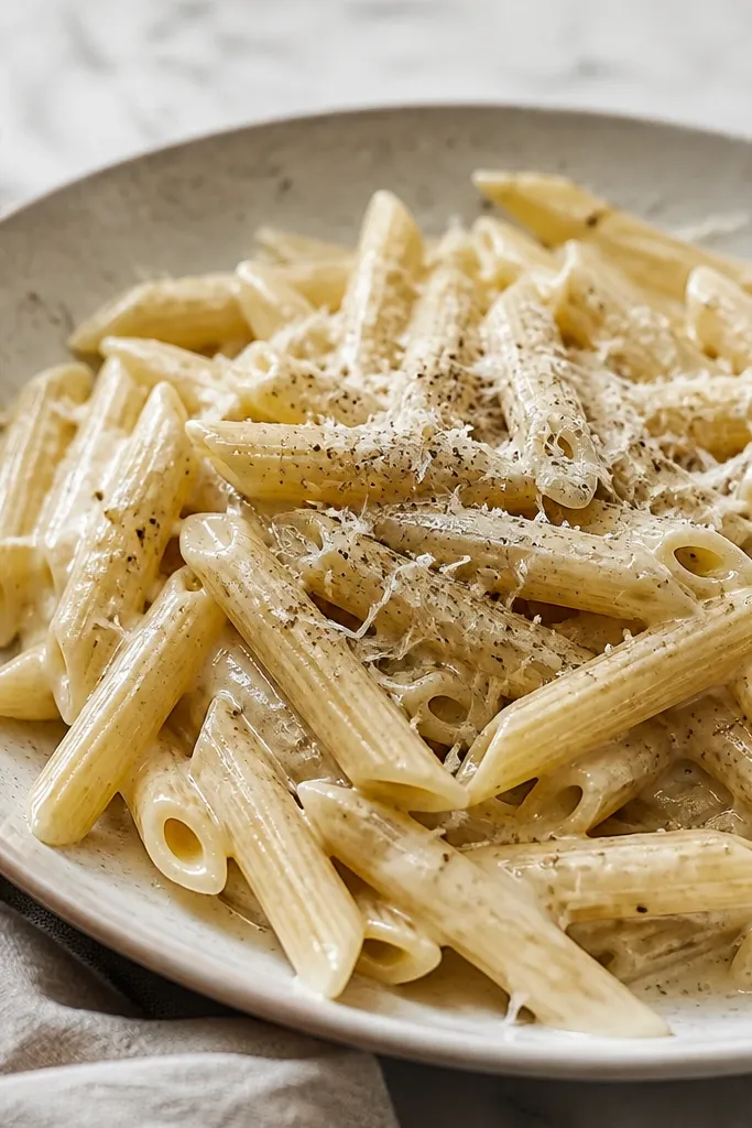 Penne in a glossy, pale sauce that looks creamy even though it's dairy-light. The sauce sticks in thin ribbons on the pasta. Black pepper is scattered heavily and Parmesan is grated over it.