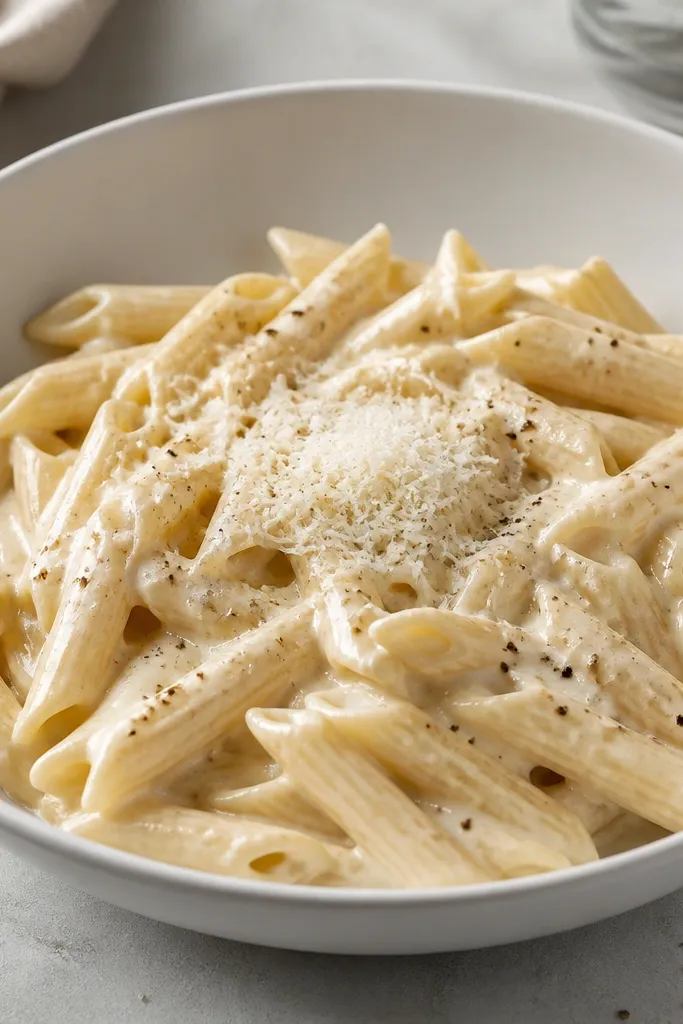 A white bowl with penne covered in a pale creamy sauce. There are visible black pepper flecks across the top and a small mound of finely grated Parmesan in the center.