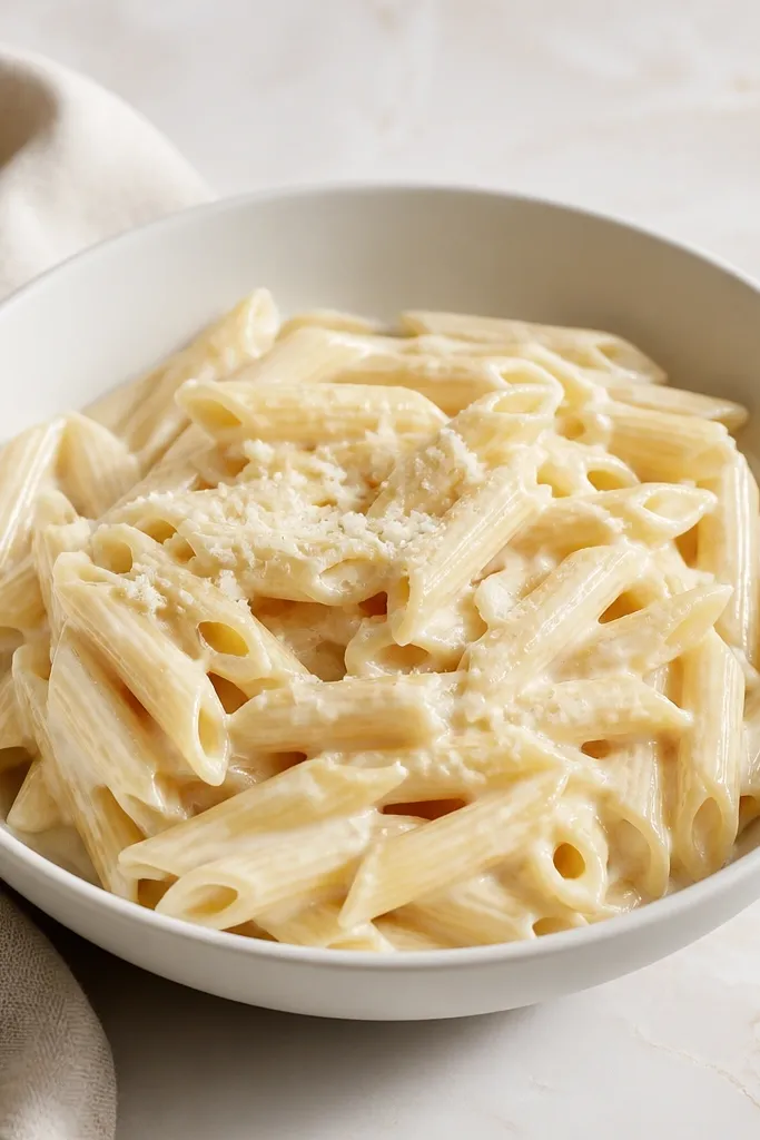 Penne coated in a creamy light beige sauce, with a shiny surface and a light dusting of cheese. The bowl has a clean, minimal look with no visible chunks.