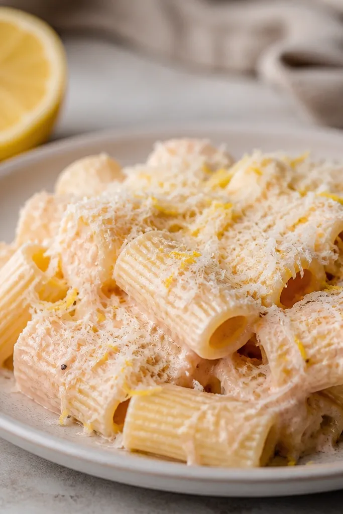 Rigatoni topped with a thick shower of Parmesan, plus tiny flecks of lemon zest. The sauce is pale and glossy with a hint of pink. A lemon half sits in the background.