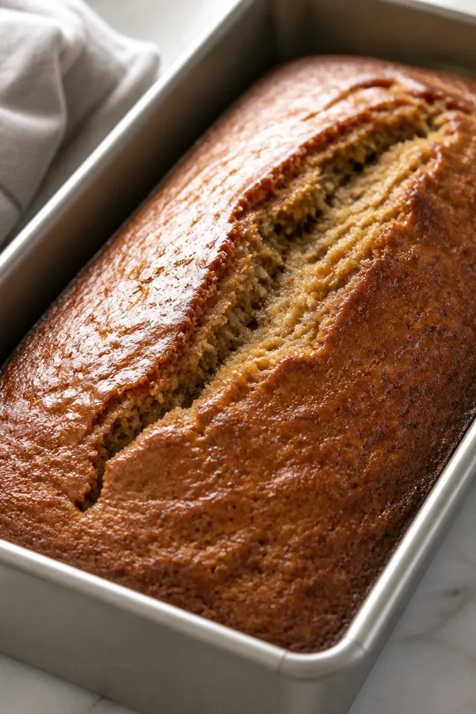 A golden-brown banana bread loaf in a metal pan, with a deep crack running down the center and a slightly glossy top that reflects kitchen light.