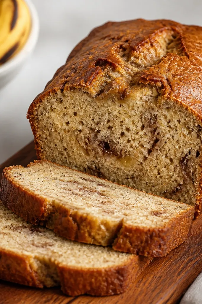 A sliced loaf showing a pale-golden crumb with visible banana flecks, plus a few darker streaks where banana pieces pooled.