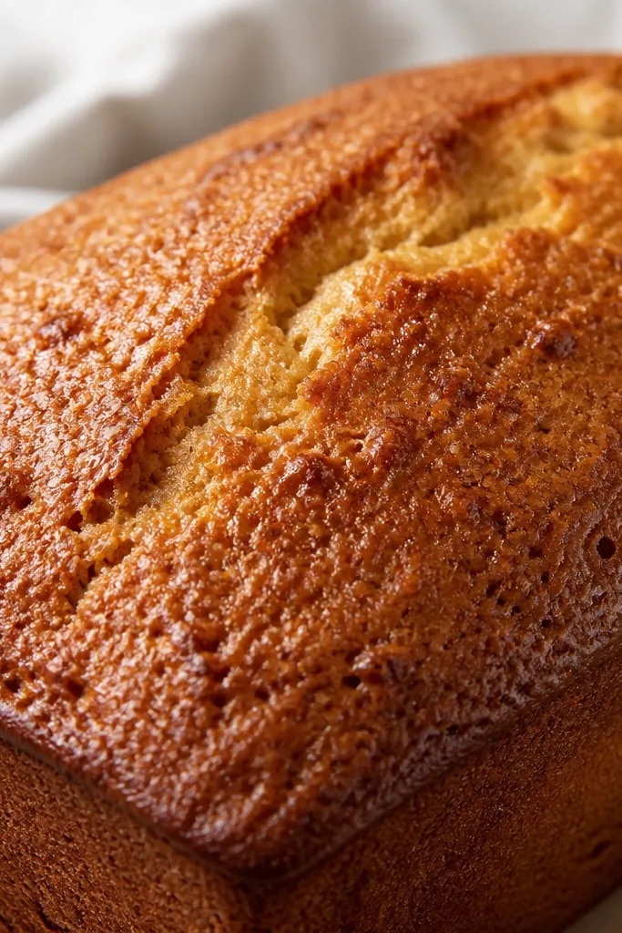 Close-up of the loaf top with tiny darker specks across the golden crust, like sugar crystals caught in the bake.