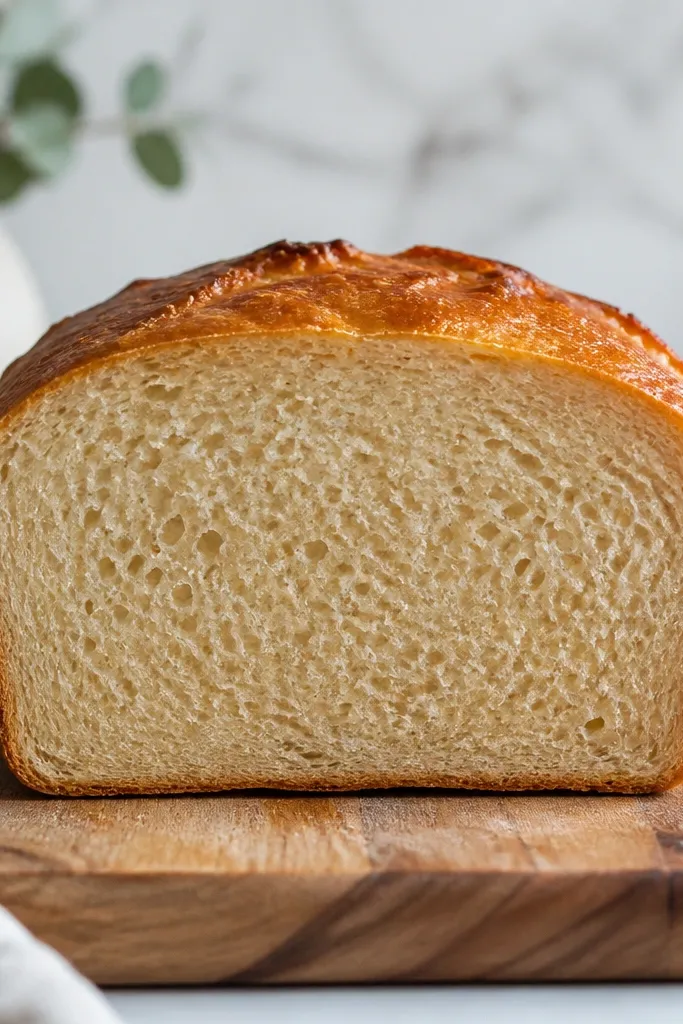 A cross-section slice with even crumb, no big air tunnels, and a slightly glossy interior near the center.
