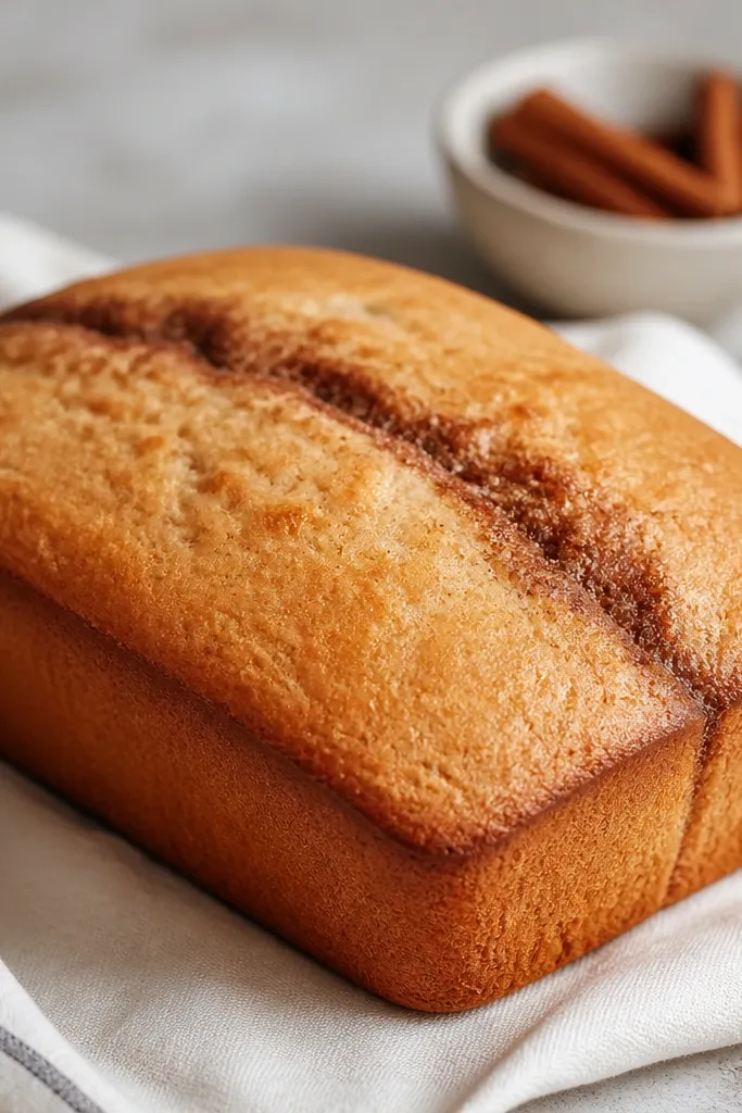 A loaf top with a faint darker ribbon line where cinnamon-sugar was swirled, and a soft matte finish on the crust.