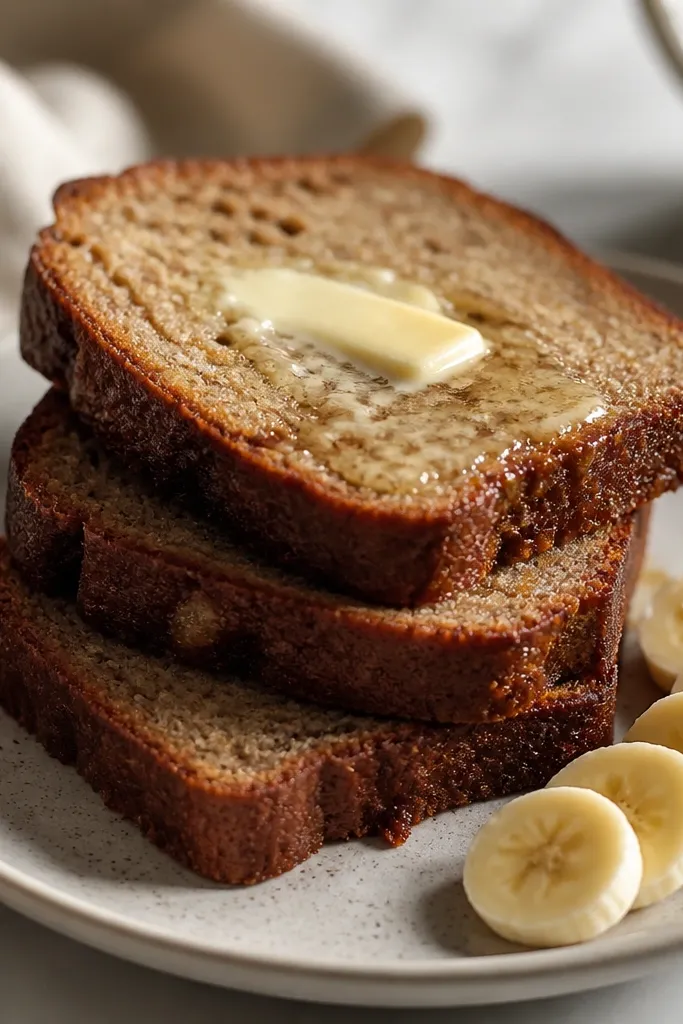 Three thick slices stacked slightly fanned on a plate, with a glossy butter smear and a few banana slices on the side.