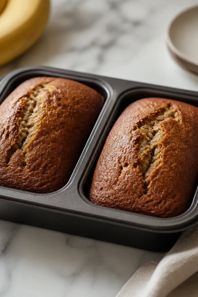 Two small banana bread loaves in a muffin-top style pan, each with a domed top and a neat crack.