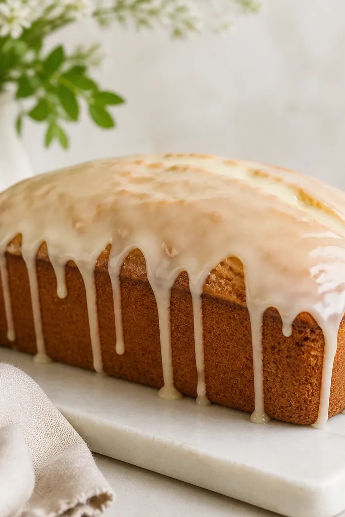 A loaf with a pale vanilla glaze that drips lightly down the sides, giving a glossy, bakery finish.