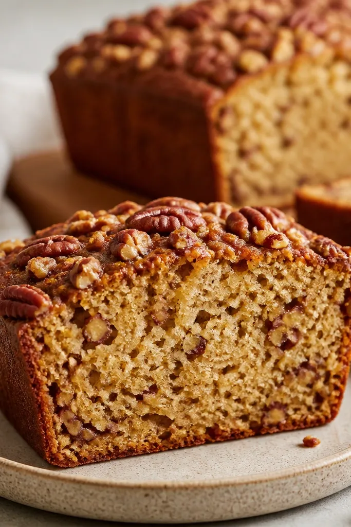 A loaf slice with visible toasted pecan pieces scattered on top and inside, with a warm brown color contrast against the golden crumb.