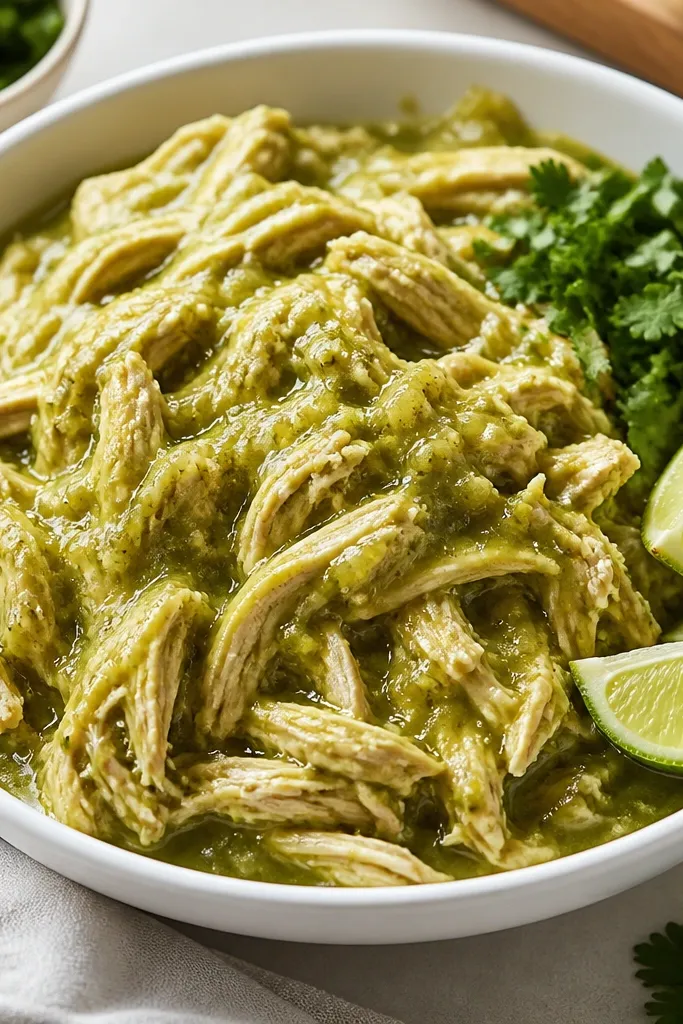 A white bowl filled with shredded chicken coated in bright green salsa verde. The sauce looks glossy and slightly thick, clinging to the chicken strands. A few lime wedges and chopped cilantro sit on the side.