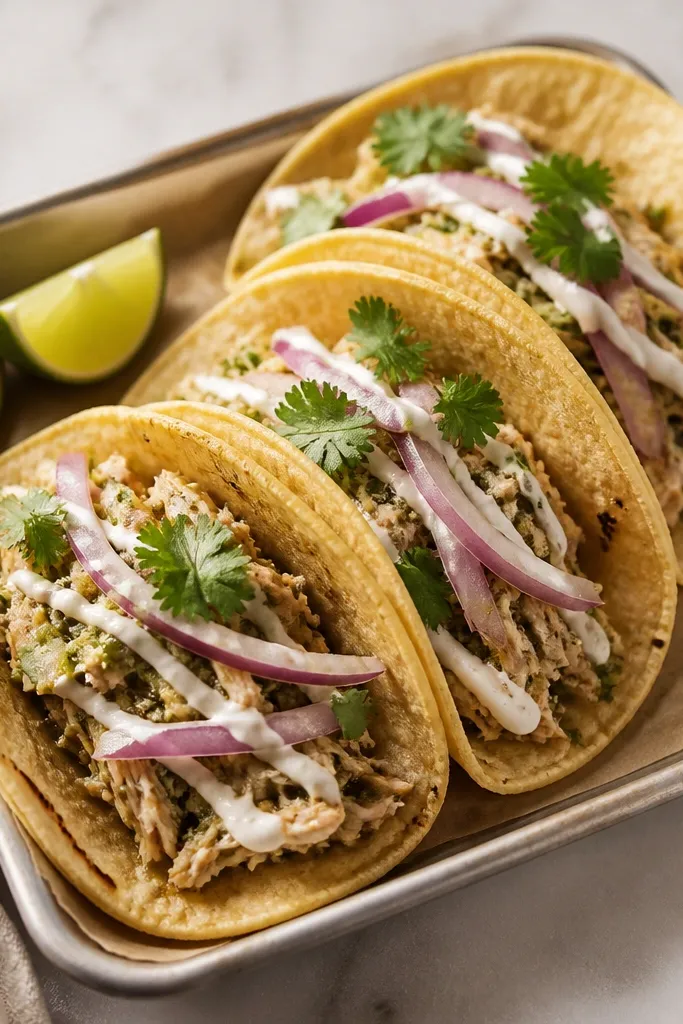 Three tacos on a small tray with corn tortillas. The chicken is shredded and speckled with green salsa. A white lime crema drizzle zigzags over the top, with thin red onion slices and cilantro leaves.