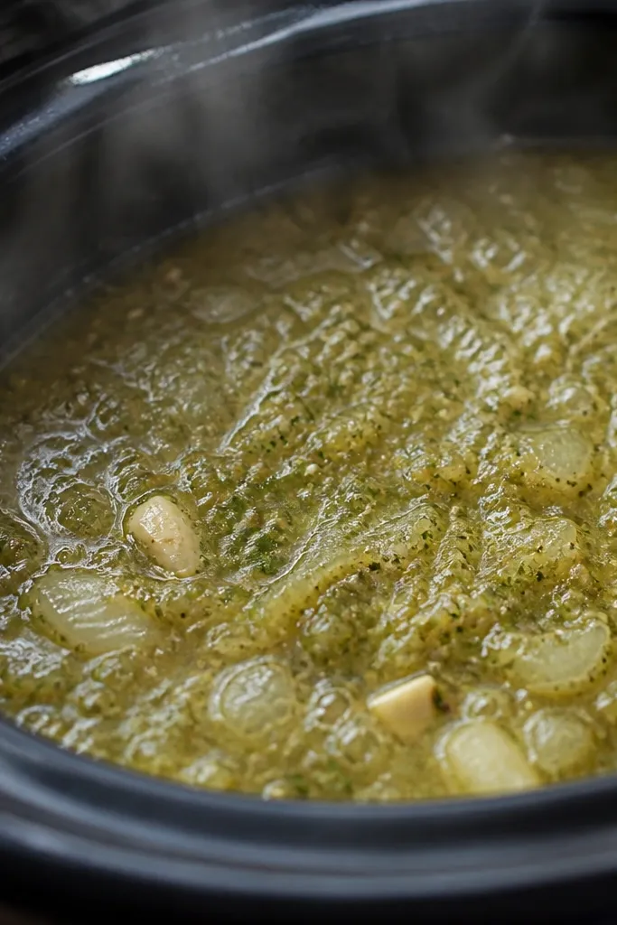 A close-up photo of a slow cooker insert showing bubbling salsa verde around the edges. The surface has a light foam and steam. You can see chunks of onion and garlic beneath the green sauce.