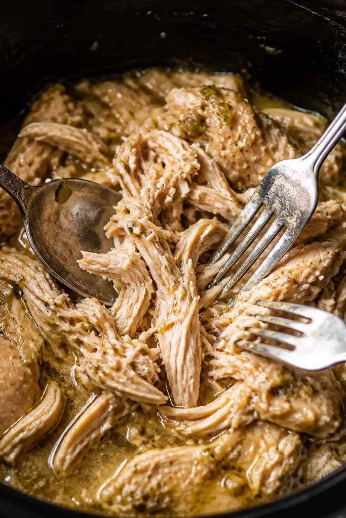 A spoon and two forks pulling apart chicken thighs in the crock pot. The chicken fibers separate easily and look moist. Green salsa pools lightly around the shreds.