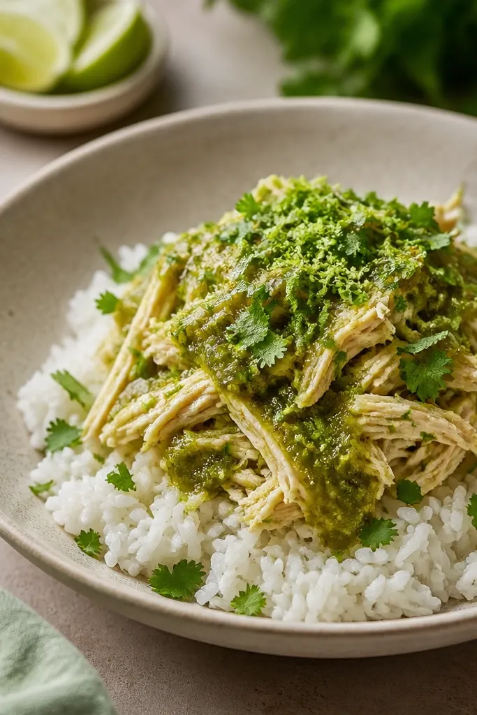 A shallow bowl with fluffy white rice. A mound of shredded salsa verde chicken sits in the center, and a spoon swirl of green sauce covers just the top layer. Garnishes include cilantro and lime zest.