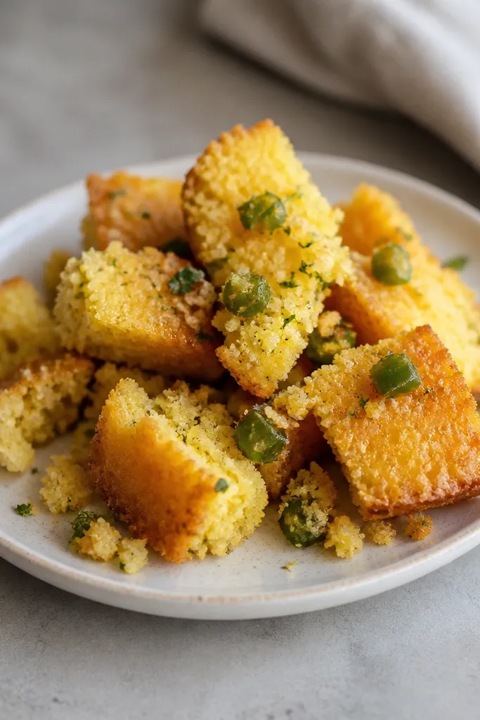 A small plate with cornbread pieces and a sprinkle of green jalapeño bits. The crumbs look toasted and slightly glossy, with a few herbs mixed in.