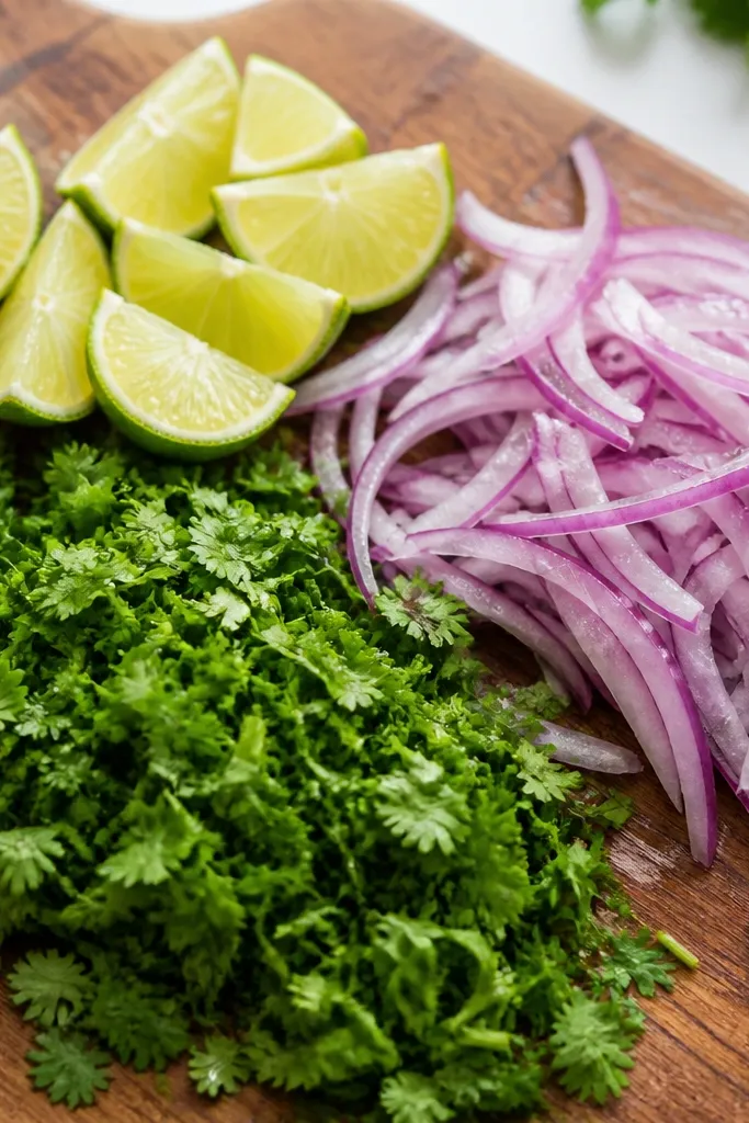 A cutting board with chopped cilantro, lime wedges, and thinly sliced red onion. The garnishes look bright green and crisp, with moisture beading on onion slices.
