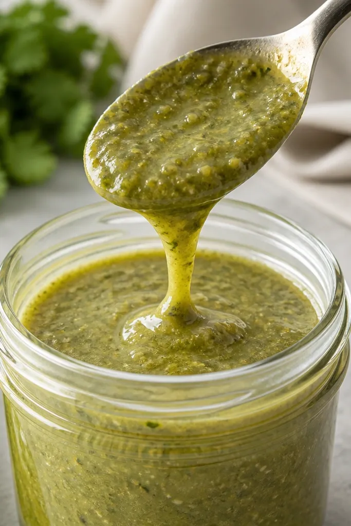 A clear glass jar with green salsa verde. A spoon lifts sauce and it slowly coats the back of the spoon. You can see thickness lines as it drips.